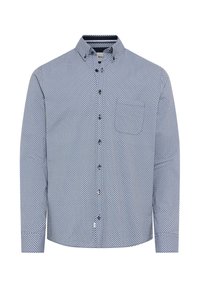 Camicia a maniche lunghe con bottoni in tessuto a spina di pesce blu e bianco, caratterizzata da un colletto aperto e una singola tasca sul petto. Materiale in cotone.