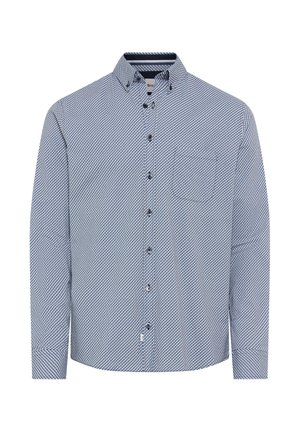 Langärmliges Hemd mit Knopfverschluss in blau-weißer Fischgrätmusterung, mit einem anspruchsvollen Kragen und einer einzelnen Brusttasche. Aus Baumwollmaterial.