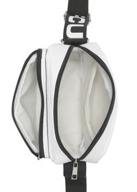 White nylon bag with dual compartments and black zippers. Adjustable strap features a black design. Interior is lined with light fabric.