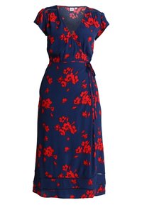 Mörkblå omklädningsklänning med korta ärmar och röd blommönster, med en sidobandknut och v-ringning.