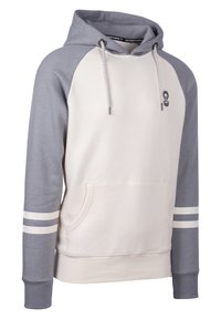 Hoodie in Creme und Grau, mit Raglanärmeln, einer Kängurutasche und weißen Streifenakzenten an den Ärmeln. Mit Kordelzugkapuze.