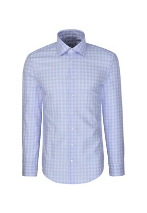 Camicia da uomo a maniche lunghe con motivo a quadri azzurro chiaro e bianco e bottoni bianchi sul davanti.