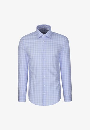 Camicia da uomo a maniche lunghe con motivo a quadri azzurro chiaro e bianco e bottoni bianchi sul davanti.