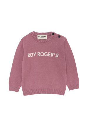 Maglione rosa a maglia con scollatura rotonda, polsini e orlo a coste. "ROY ROGER'S" in bianco in grassetto sulla parte anteriore. Due bottoni sulle spalle.