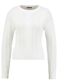 White cable knit sweater with long sleeves and round neckline, featuring a textured pattern and ribbed cuffs and hem.