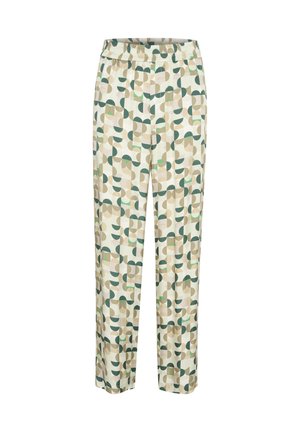 Pantalones ligeros con cintura elástica que presentan un patrón geométrico en verde, beige y crema. Diseño de pierna recta con una textura suave.
