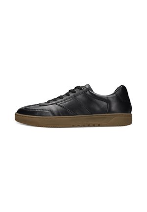 Schwarzer Leder-Low-Top-Sneaker mit schwarzen Schnürsenkeln und brauner Gummisohle, Seitenansicht mit Markennamen "Salamander."