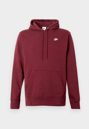 Hanorac burgund cu un amestec moale de bumbac, având o buzănașă tip cangur, șnur reglabil și un mic logo alb Nike pe piept.