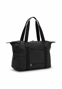 Sac de sport noir avec un tissu à motifs, des sangles noires robustes, des fermetures éclair et une poche avant pour un espace de rangement supplémentaire.