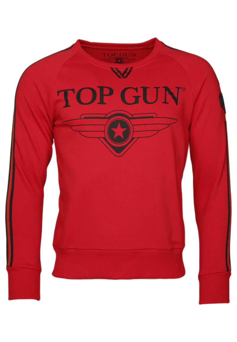 Röd sweatshirt i bomull med svart "TOP GUN"-text och logotyp framtill. Har raglanärmar och svarta ränder längs sidorna.