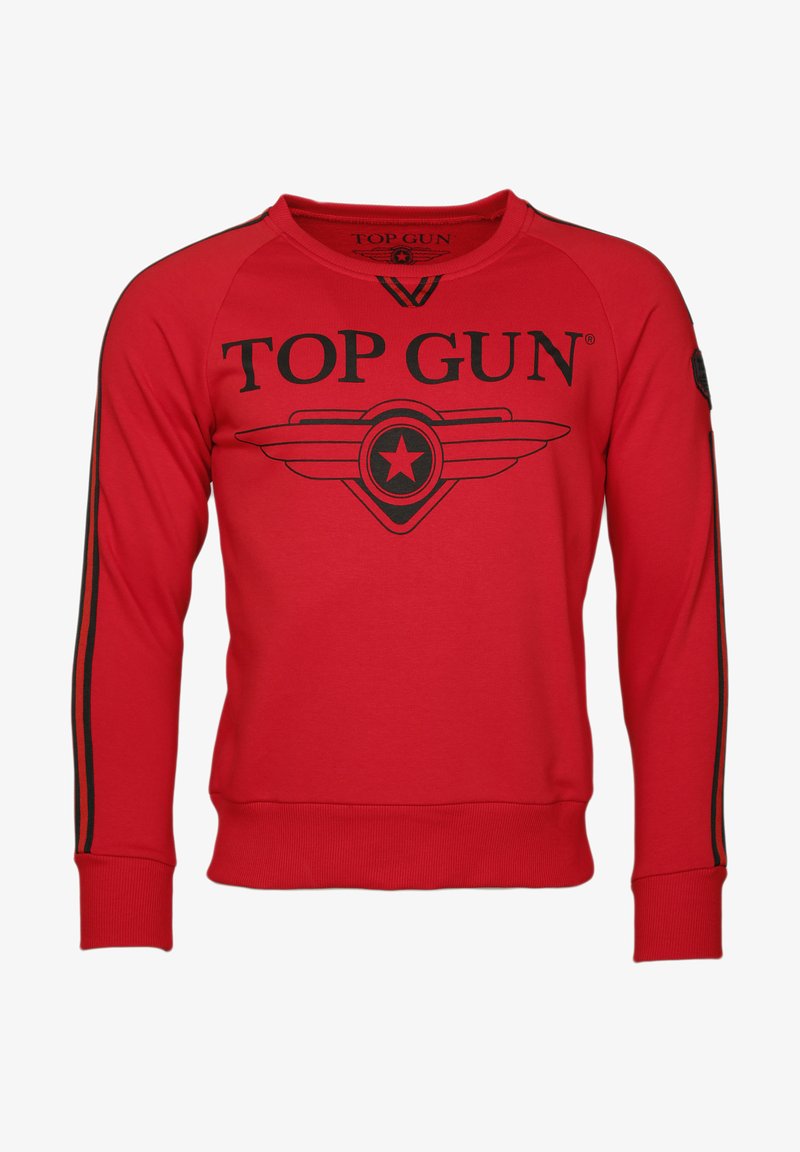 Roter Sweatshirt aus Baumwolle mit schwarzem "TOP GUN"-Text und Logo auf der Vorderseite. Hat Raglanärmel und schwarze Streifen an den Seiten.