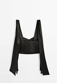 Black satin crop top with wide shoulder straps and a structured bust. Features a zip closure at the back and flowing side ties.