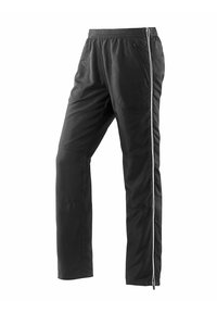 Schwarze Sporthosen aus glattem Stoff, mit einem elastischen Bund, Seitentaschen und einem weißen Reißverschluss entlang des Beins.