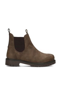 Botín marrón hasta el tobillo con paneles laterales elásticos, acabado en cuero texturizado, tiradores y una suela robusta para tracción. Diseño clásico de bota Chelsea.