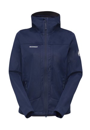 Marineblå softshell-jakke med høy krage, full glidelås og to sidelommer; har logo på brystet og akcentdetaljering på ermene.