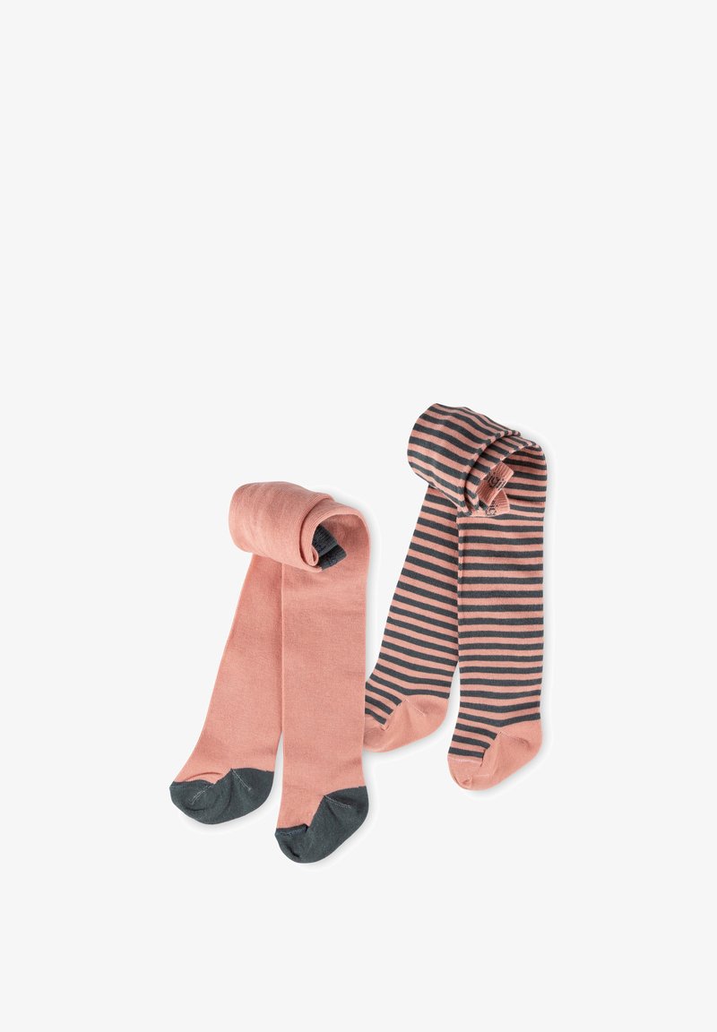 Calze a righe rosa e blu navy con una texture liscia, arrotolate in rotoli, con accenti grigio scuro sulle punte.