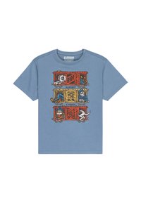 T-shirt in cotone azzurro chiaro con un design grafico che presenta vagoni del treno colorati e personaggi dei cartoni animati. Maniche corte e collo rotondo.