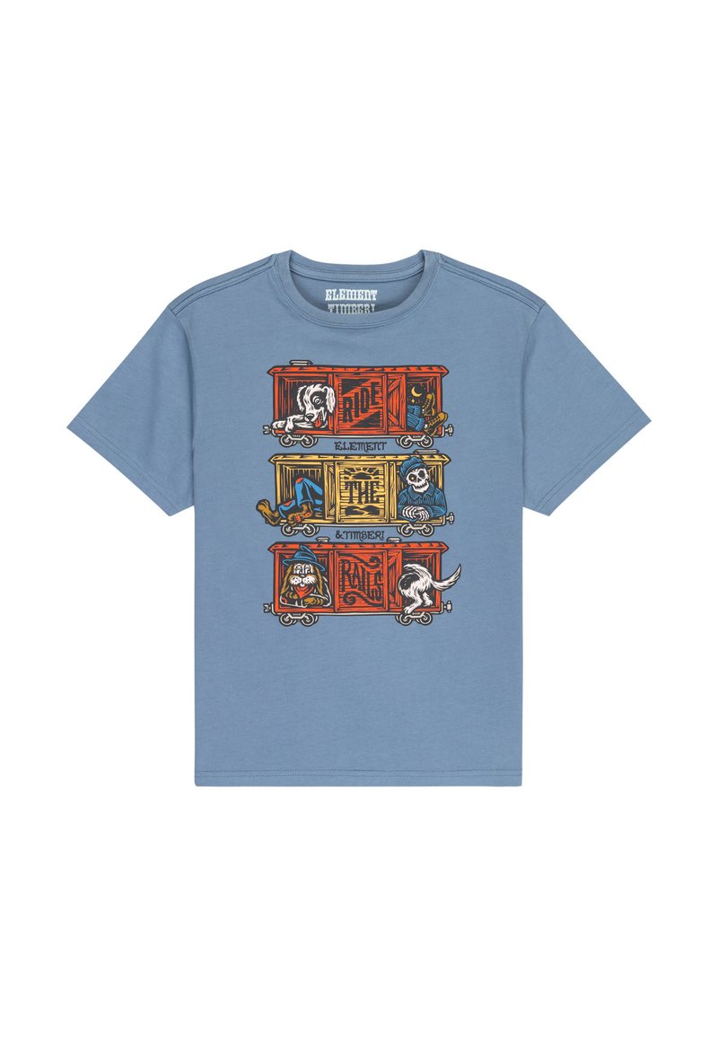 T-shirt in cotone azzurro chiaro con un design grafico che presenta vagoni del treno colorati e personaggi dei cartoni animati. Maniche corte e collo rotondo.
