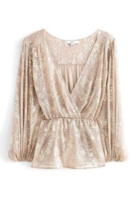 Blouse beige scintillante avec manches longues et bouffantes, encolure en V profonde et taille froncée. Le tissu présente une finition texturée et pailletée.