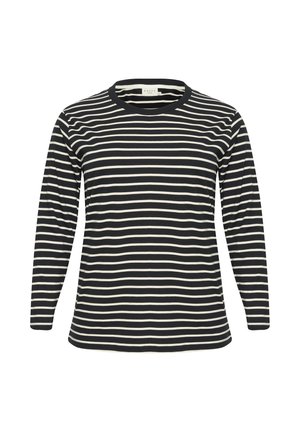 Tricou cu mânecă lungă, în dungi negre și crem, având guler rotund și o croială lejeră. Textură moale cu dungi pe orizontală.