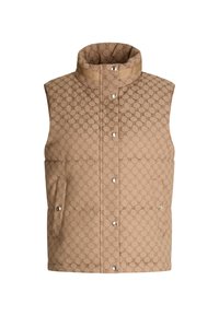 Beige gefütterte Weste mit hohem Kragen, Druckknopfverschlüssen und strukturiertem Muster. Zwei seitliche Taschen bieten Funktionalität. Glatte Oberfläche.