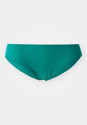 Teal bikinitruse laget av myk, elastisk stoff. Har et knyttet senterdetalj med en jevn tekstur og sømløse kanter.