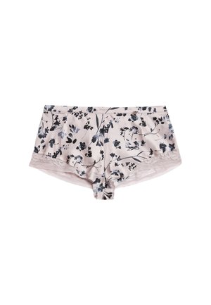 Shorts boyshort con motivo floreale in morbido tessuto, con una base rosa chiaro decorata da fiori blu scuro e neri, rifiniti con un delicato pizzo sui margini delle gambe.