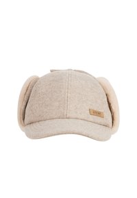 Lichtbeige wollen pet met een platte rand, voorzien van pluche oorflappen en een leren logo-label. Zachte textuur en naadloze constructie.