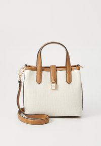 Canvas handbag with tan leather handles and accents, featuring a gold-tone padlock detail, removable strap, and structured shape.