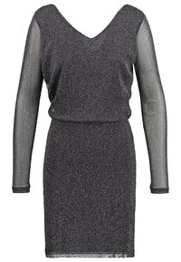 Robe noire à manches longues et décolleté en V, fabriquée dans un tissu texturé et scintillant. Coupe près du corps avec des manches transparentes et un détail de taille cintrée.