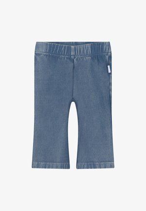 Niebieskie legginsy z dżinsu z elastycznym paskiem w talii, o gładkiej teksturze i prostym kroju. Tkanina ma delikatny wzór splotu.