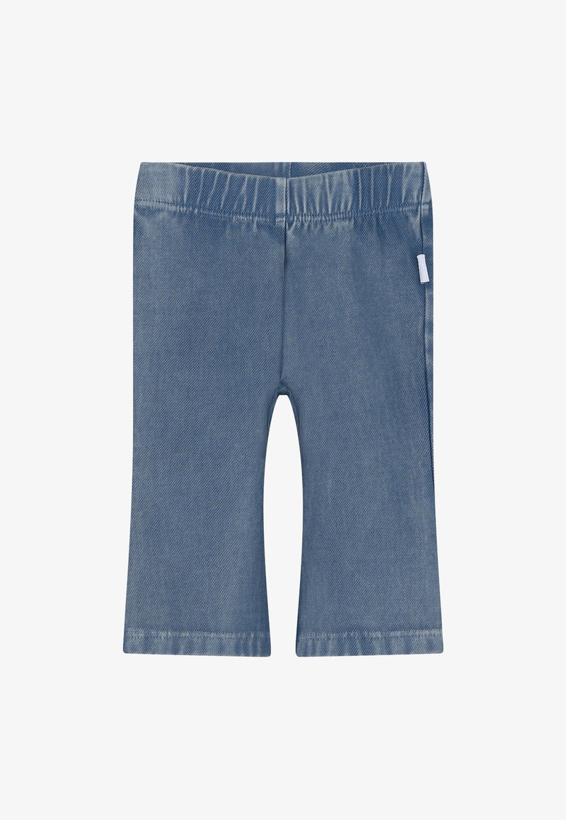 Leggings en denim bleu avec une ceinture élastique, offrant une texture lisse et une coupe droite. Le tissu présente un motif de tissage subtil.