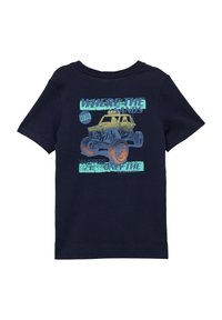 Marineblauwe katoenen t-shirt met een afbeelding van een off-road voertuig en tekst. Korte mouwen, ronde hals en naadloos schouderontwerp.