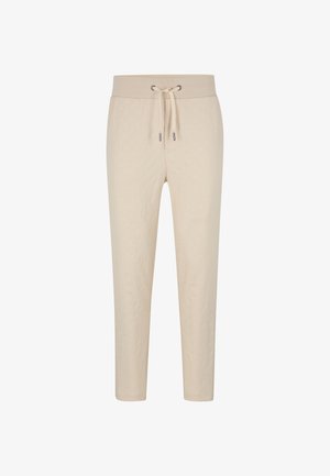 Beige Jogginghosen mit strukturiertem Muster, elastischem Bund und Zugkordel. Schmal zulaufendes BeinDesign, minimaler Hardware und weichem Stoff.