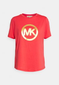 Red short-sleeve t-shirt with round neckline featuring a large shiny gold "MK" logo inside a circle on the chest.