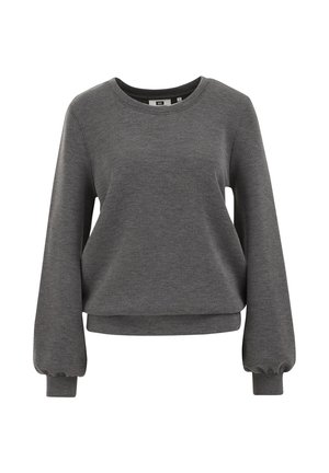 Donkergrijze langemouwen sweatshirt met ronde hals en elastische boorden, weergegeven tegen een effen witte achtergrond.