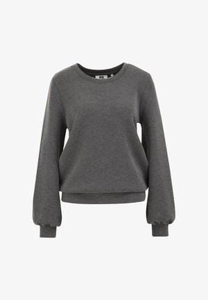 Donkergrijze langemouwen sweatshirt met ronde hals en elastische boorden, weergegeven tegen een effen witte achtergrond.