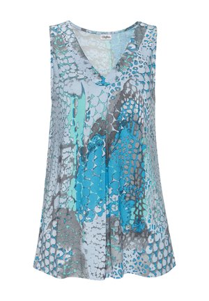 Sleeveless top in light blue, gray, and teal with a v-neck. Features an abstract snake print design with varying shapes and textures.