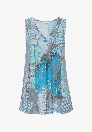 Sleeveless top in light blue, gray, and teal with a v-neck. Features an abstract snake print design with varying shapes and textures.