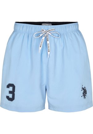 Világoskék, puha anyagból készült rövidnadrág, rugalmas derekú, húzózsinórral, az egyik lábon fekete 3-as szám, valamint hímzett logóval.