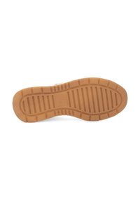 Semelle en caoutchouc marron avec des rainures horizontales et verticales, présentant un bord lisse et un logo en relief. Surface texturée pour plus de traction.
