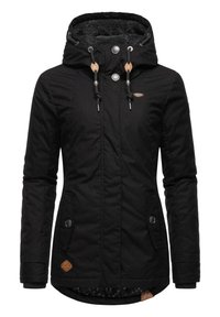 Black parka jacket with a fleece-lined hood, front pockets, snap buttons, and drawstrings; features a textured fabric and floral lining.