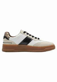 White sneaker featuring black and brown accents, leather and suede material, round toe, black laces, and a textured rubber sole.