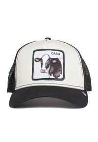 Gorra trucker blanca y negra con un parche gráfico de una vaca etiquetado "CASH", que presenta una visera curva negra y paneles traseros de malla.