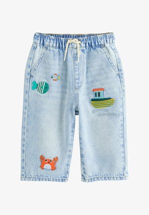 Light blue children's denim shorts with elastic waist, drawstring, and embroidered sea-themed patches including fish, crab, and boat.