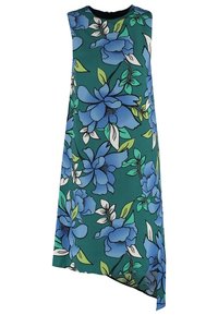 Robe verte sans manches avec un grand imprimé floral bleu et blanc et un ourlet asymétrique.
