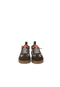 Brown suede sneakers with leopard print accents; features flat laces, rubber sole, and a red logo patch on the tongue.