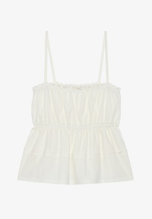 Valge puuvillane kampsun reguleeritavate spagetitreäptega, millel on ritaanud elastik rinnal ja lõdva, kihilise disainiga.