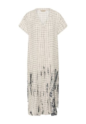 Crèmekleurige midi-jurk met korte mouwen, zwart ruitpatroon en abstract zwart penseelstreekontwerp bij de zoom.