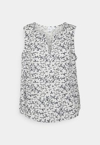 Top sin mangas floral con profundo escote en V, confeccionado en una tela ligera con patrones en azul marino y blanco, con un corte relajado.